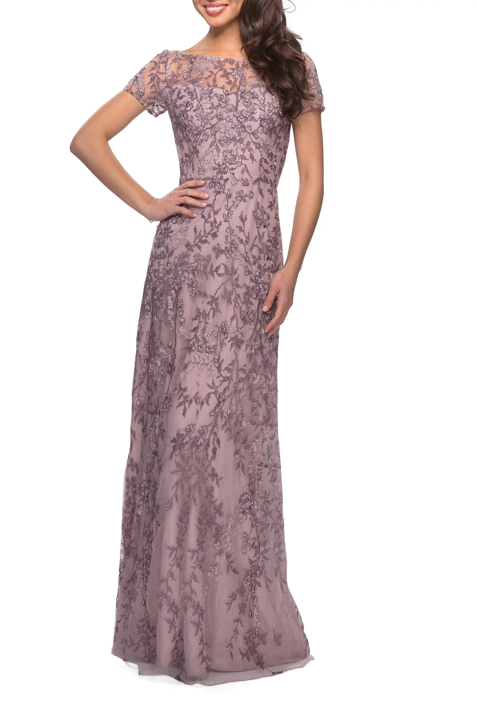La Femme Floral Beaded Evening Dress with Sheer Cap Sleeves (Women) | Nordstrom | Nordstrom