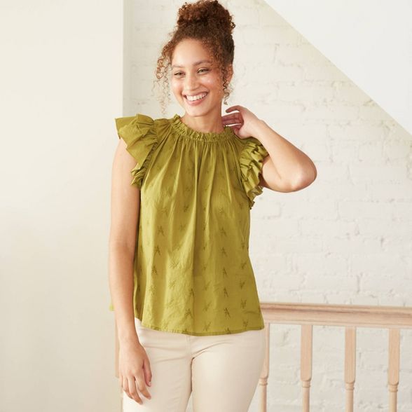 Women's Floral Print Flutter Short Sleeve Embroidered Blouse - Universal Thread™ | Target