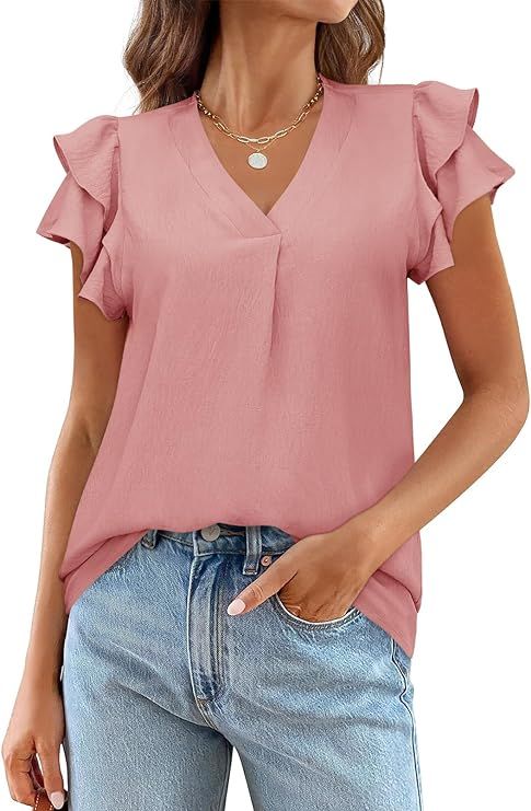 MEROKEETY Women's 2024 Summer V Neck Ruffle Short Sleeve Blouse Business Casual Top Shirts | Amazon (US)