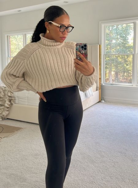 Sweater - legging fall look. Bump-friendly! 

Sweater is folded in for a cropped look, black leggings are NOT maternity but sufficiently high waisted for support. Great stretch and quality. Wearing Small (6) in my sweater and medium in leggings  

#LTKSeasonal #LTKstyletip #LTKbump