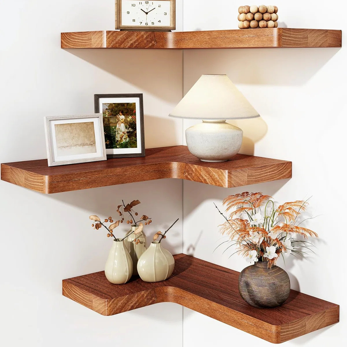 Fixwal Corner Floating Shelves For Wall Mounted Natural Solid Wood 16"X11.4" Farmhouse Home Decor... | Wayfair North America