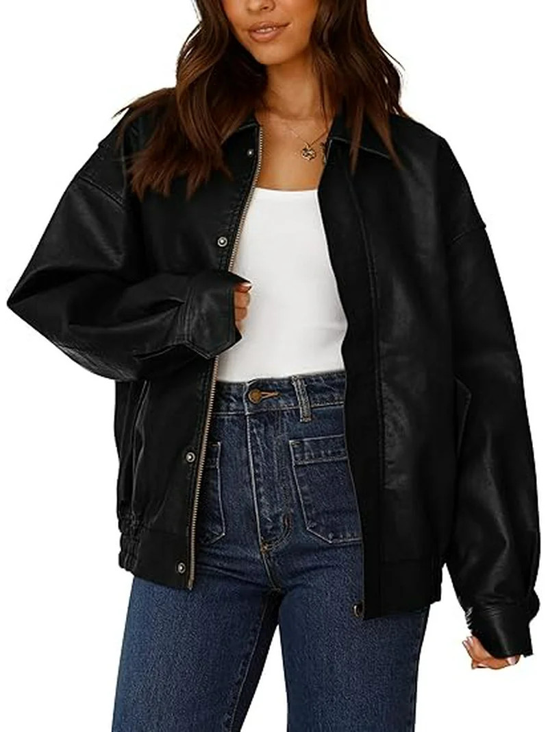 PRETTYGARDEN Women's Faux Leather Motorcycle Jacket Trendy Fall Spring Clothes Oversized Zip Up W... | Walmart (US)