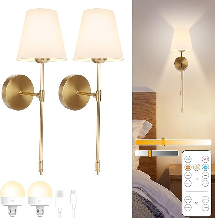 Yollzey Battery Operated Wall Sconce Set of 2, Rechargeable Dimmable Wireless Wall Sconces with R... | Amazon (CA)