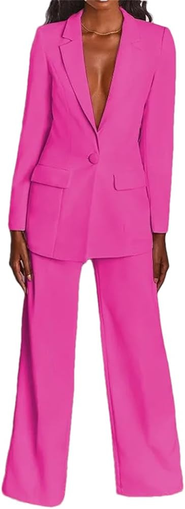 Women Casual Blazers Long Pants Blazer Suit Solid Two Pieces Office Lady Loose Autumn Winter Set | Amazon (US)