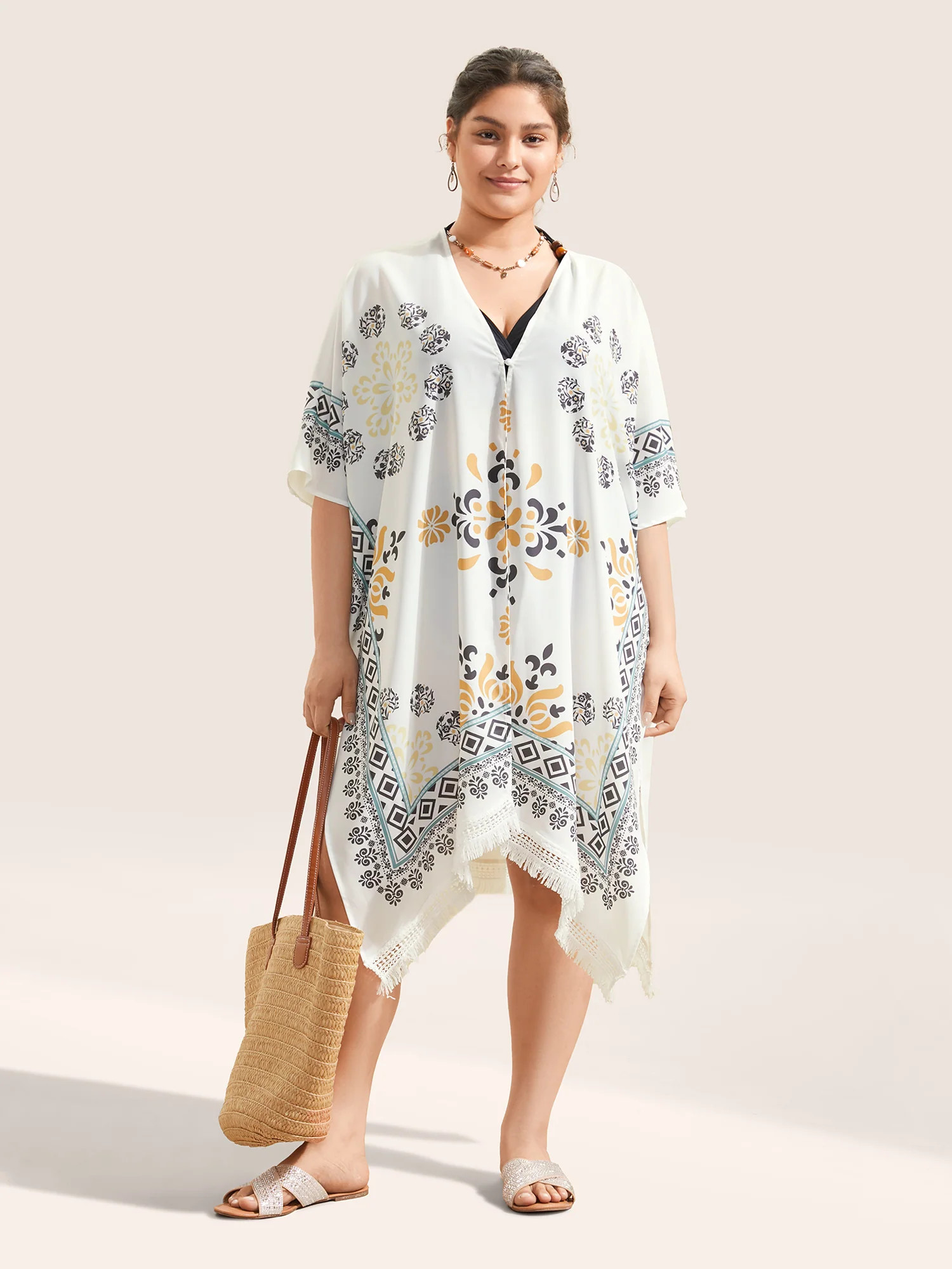 Boho Print Lace Panel Raglan Sleeve Fringe Hem Kimono | Bloomchic
