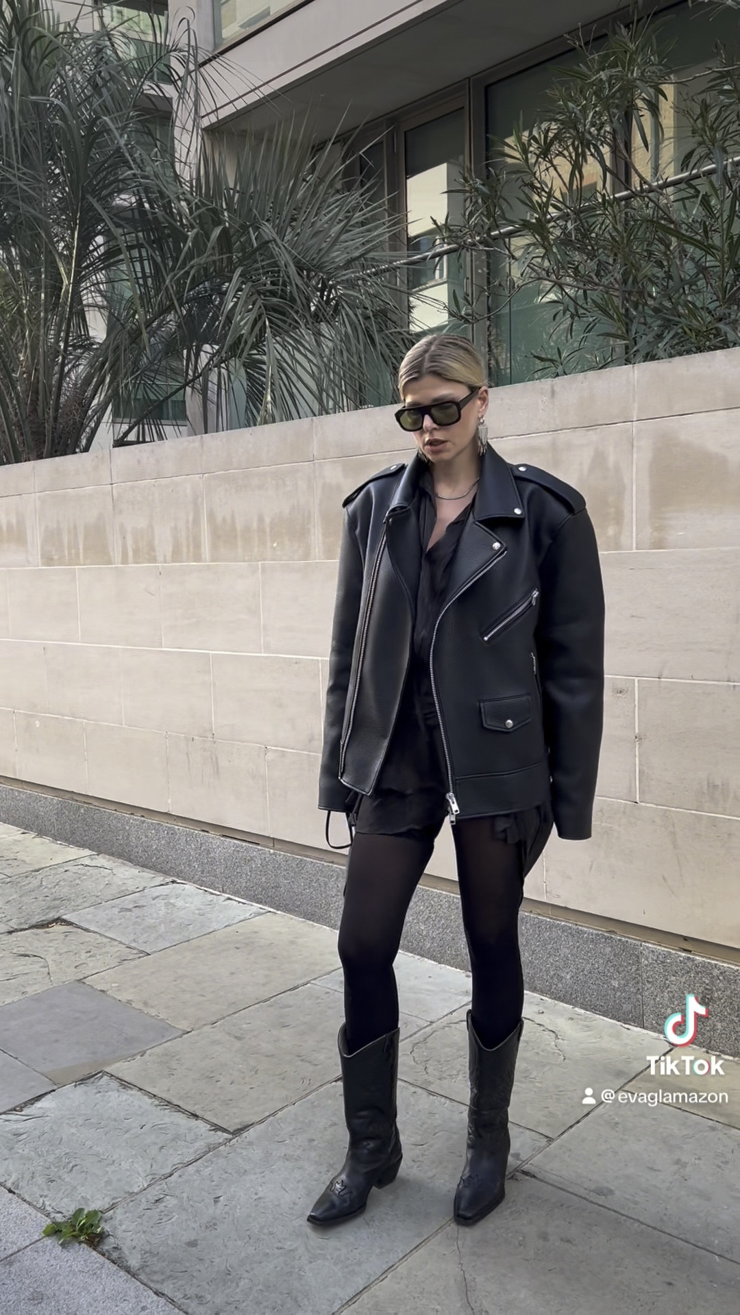 All black outfit, oversized biker jacket, frilly dress, Vehla sunglasses, alaia heart bag 

#LTKspring #LTKAroundTheWorld #LTKuk