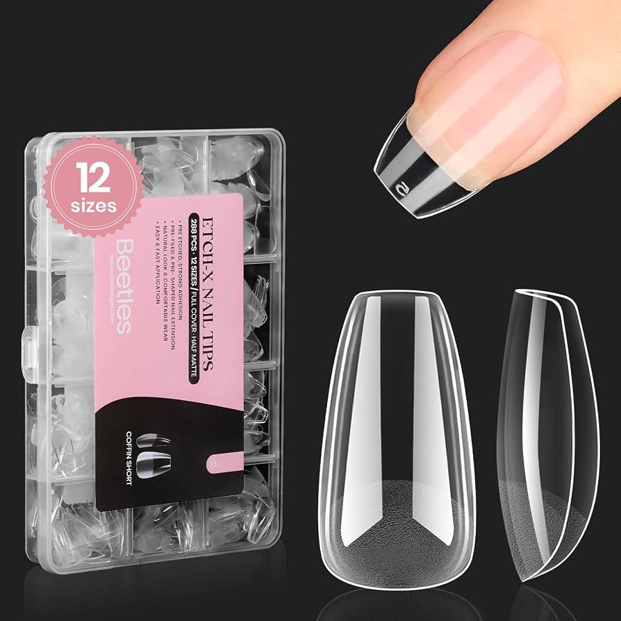 Beetles Gel Nail Tips Short Coffin Pre-Etched Nail Tips, 12 Sizes 288 Pcs Full Cover Soft Nail Ti... | Amazon (US)