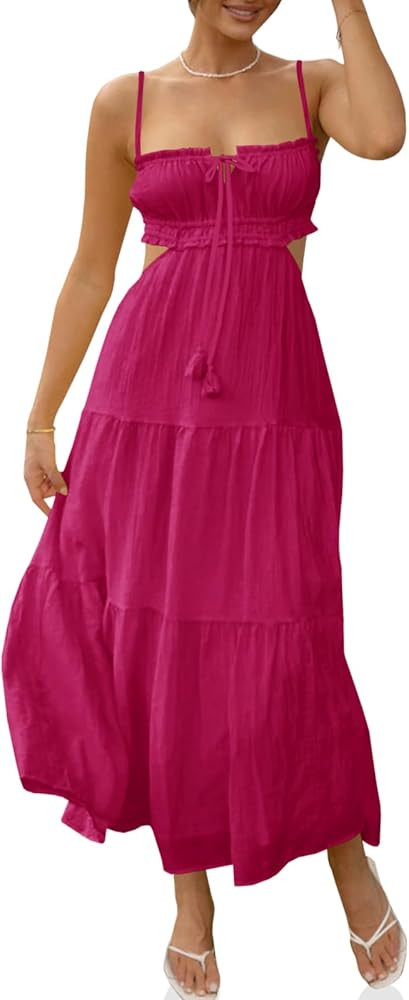 Fisoew Women's Spaghetti Strap Maxi Dress Summer Sleeveless Side Cut Out Dress Casual Boho Backle... | Amazon (US)