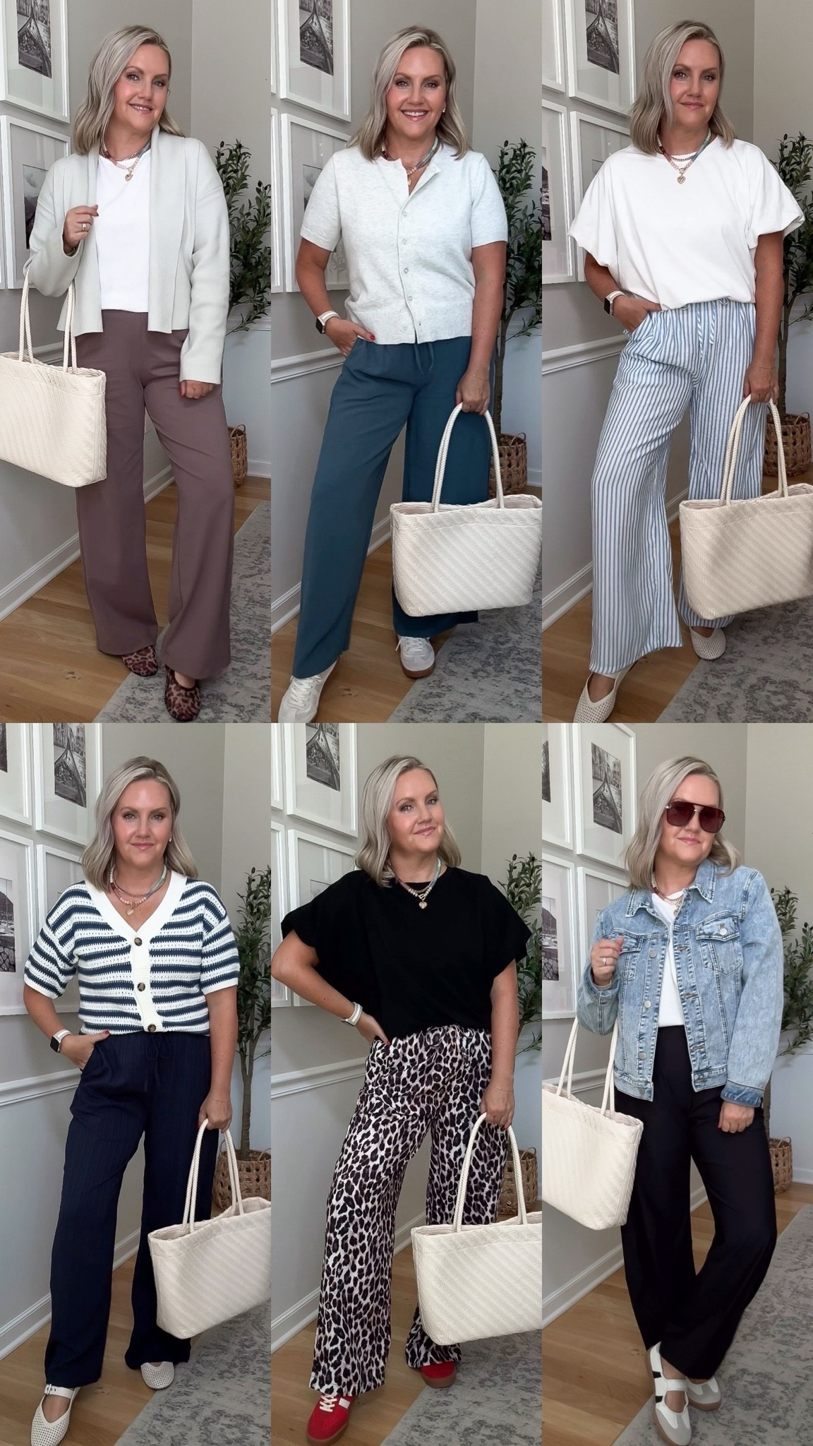 Six outfits that prove comfortable pants can still look polished. I styled these for the days when I need to feel put together from morning plans through dinner, using soft layers, relaxed wide leg fits, sneakers, flats, and a little leopard for personality.

casual work outfits, wide leg pants, comfortable office style, everyday outfit ideas, business casual fashion, fall transition outfits, leopard print pants, striped trousers, denim jacket outfit, lovelylifestyling

#LTKootd #LTKmomlife #LTKOver40