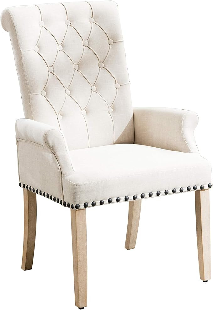 Accent Dining Chair Tufted Fabric Nailheads Trim Solid Wood Set (Beige) | Amazon (US)