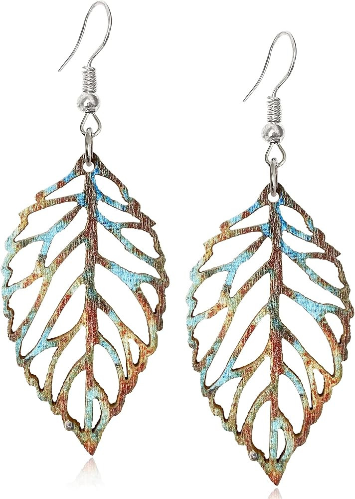 Handmade Bohemian Colorful Nature Wooden Leaf Dangle Drop Earrings Ethnic African Vintage Lightwe... | Amazon (US)
