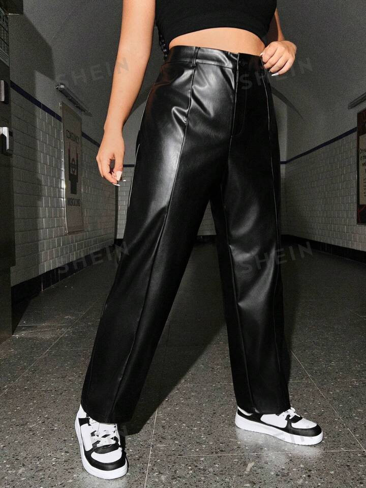 SHEIN EZwear Plus Size Women's Pu Leather Straight Pants | SHEIN