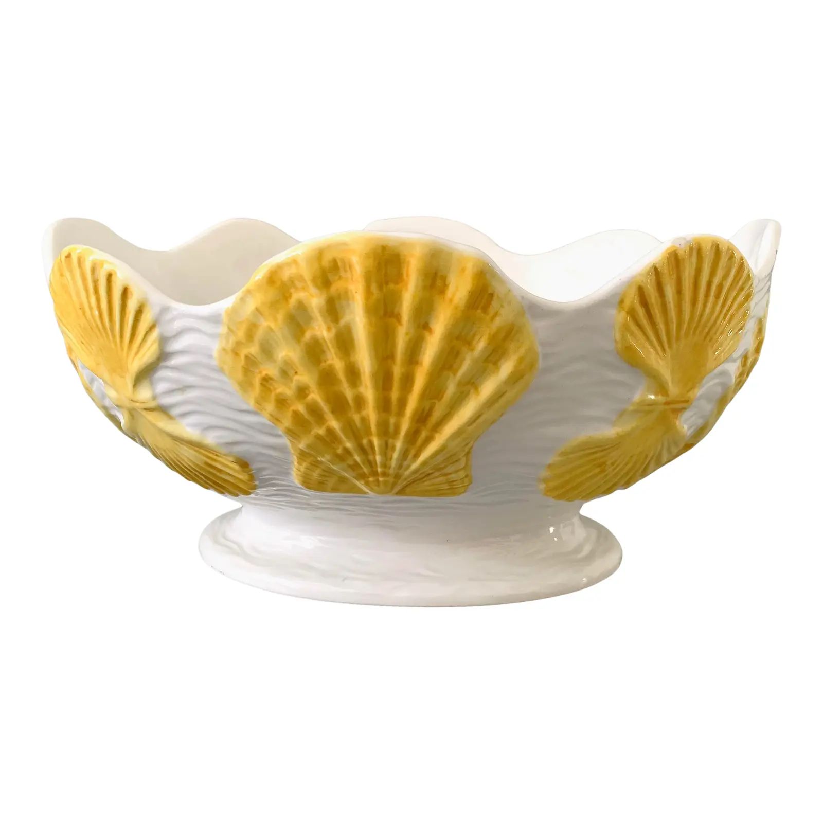 Vintage Italian Majolica Shell Designs Scalloped Edge Ceramic Bowl | Chairish