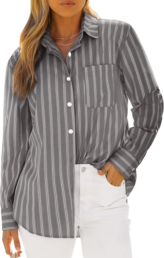 siliteelon Button Down Shirts for Women Striped Long Sleeve Shirt Collared Office Work Blouses To... | Amazon (US)