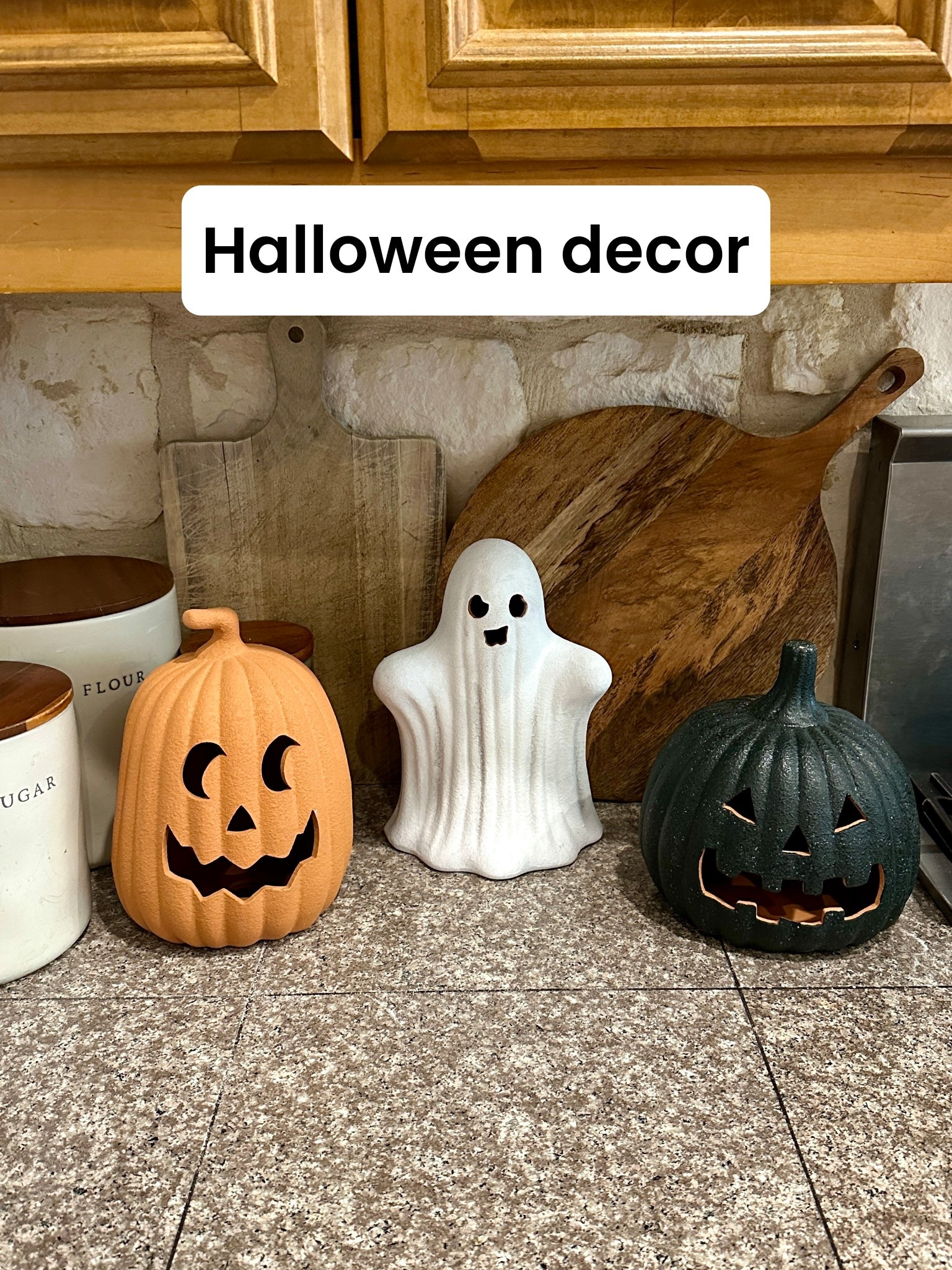 A little Halloween cheer right on the kitchen counter 🎃👻
These jack-o’-lanterns and the sweet little ghost make the coziest backdrop for fall baking and morning coffee.
Simple touches like this bring so much seasonal magic without taking up precious space!

#KitchenDecor #LTKHome #FallDecor #HalloweenDecor #CozyHome #LTKSeasonal #MomLifeDecor #LTKHoli

#LTKParties #LTKSeasonal #LTKHome