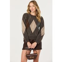 ASTR the Label | Terri Argyle Crewneck Sweater in Grey brown argyle | Size XS | ASTR The Label (US)