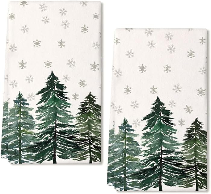 ARKENY Christmas Kitchen Towels Set of 2,Green Xmas Tree Snowflake Dish Towels 18x26 Inch Drying ... | Amazon (US)