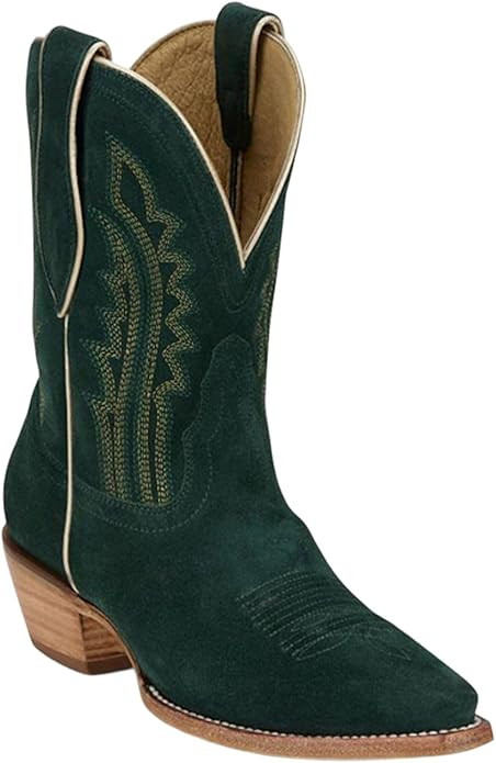 Tony Lama Womens Lea Suede Embroidered Snip Toe Casual Boots Mid Calf Low Heel 1-2" - Green | Amazon (US)