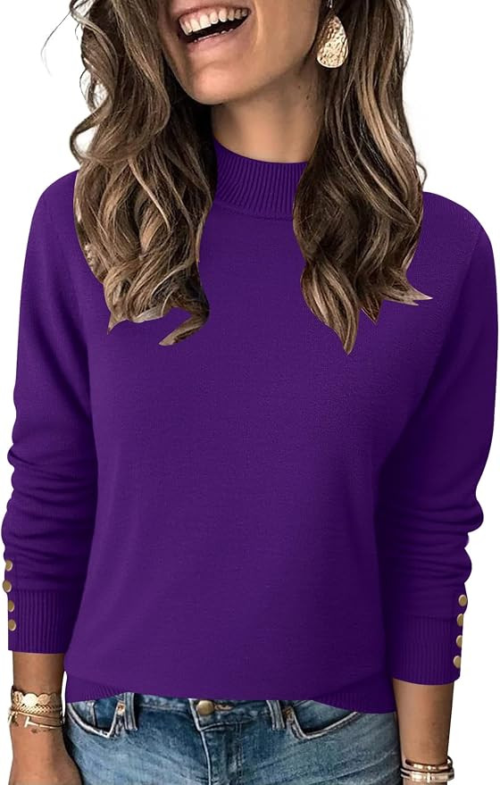 Womens Mock Neck Long Sleeve Knit Sweaters Turtleneck Casual Lightweight Button Cuffs Fall Pullov... | Amazon (US)