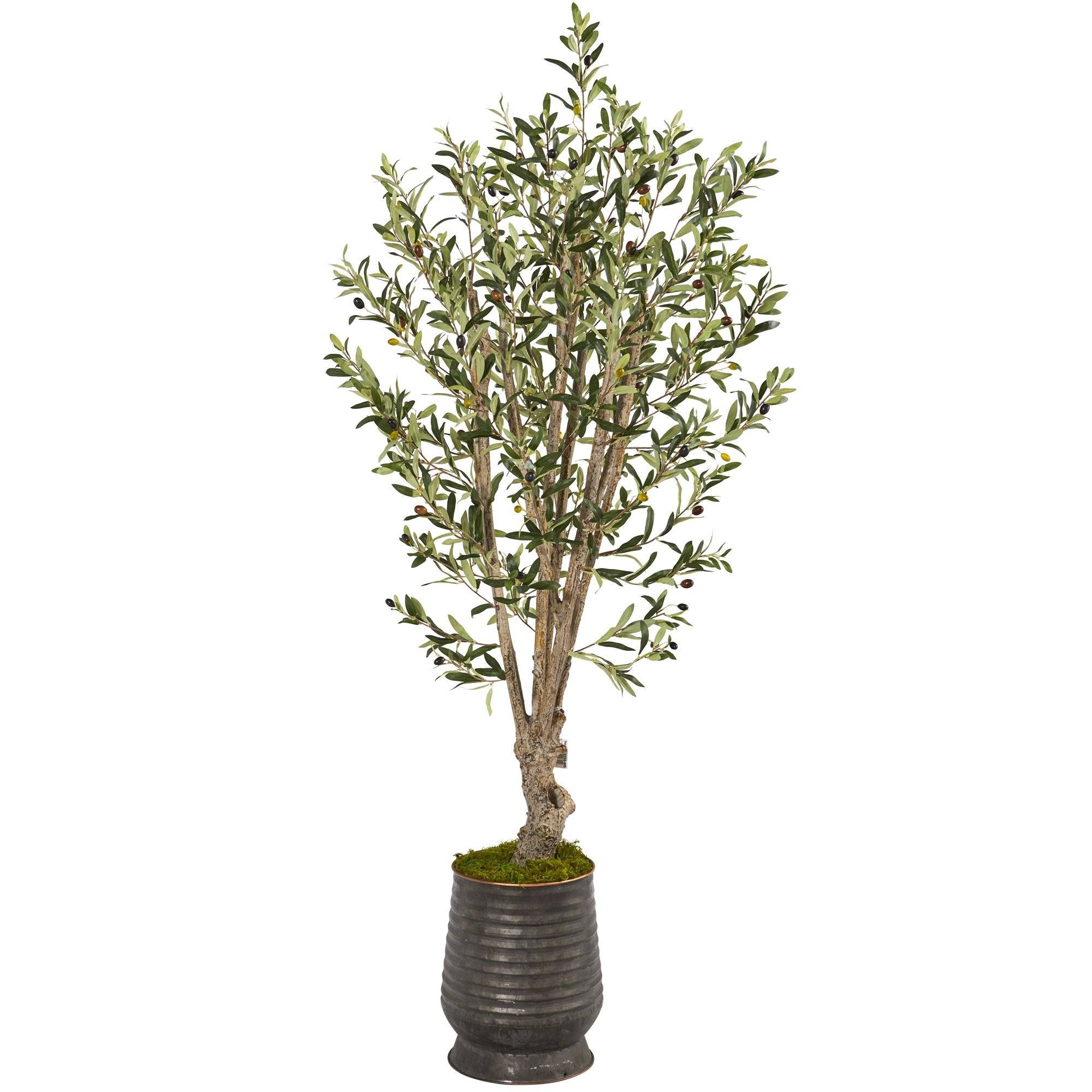 62” Olive Artificial Tree in Ribbed Metal Planter | Nearly Natural