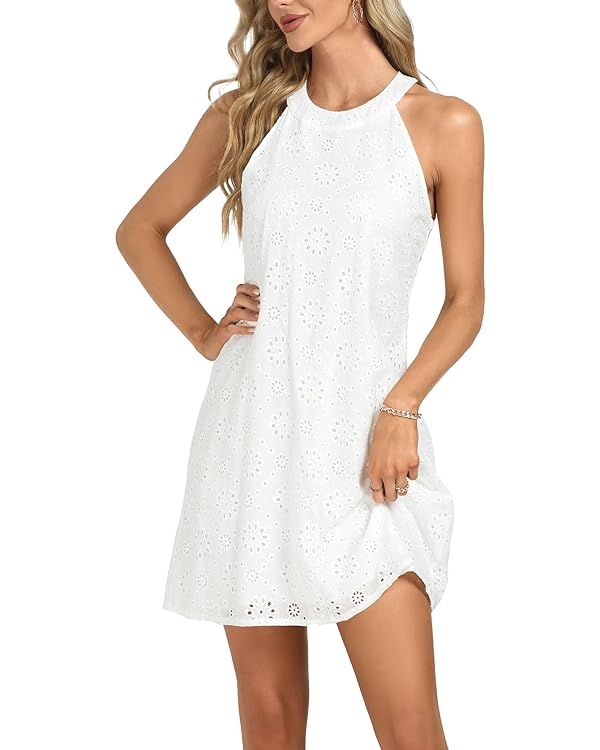 Women's Eyelet Embroidery Halter Neck Sleeveless Summer Tank Tunic Short Dress | Amazon (US)