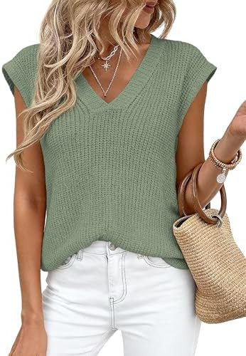 PRETTYGARDEN Women's 2026 Lightweight Sweaters Vest Spring Trendy Cap Sleeve V Neck Knit Tank Top... | Amazon (US)