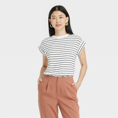 Women's Short Sleeve Extended Shoulder T-Shirt - A New Day™ Black/White Striped M | Target