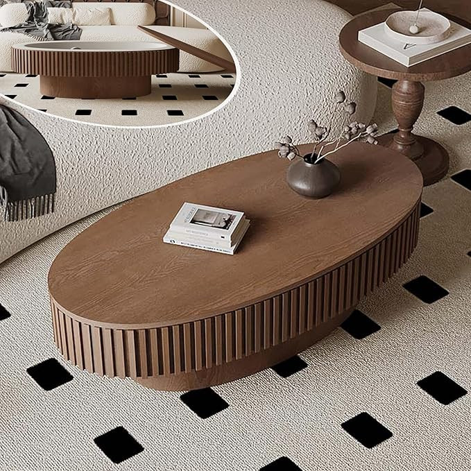 FGXJY Oval Coffee Table with Storage, Modern Walnut Coffee Table with Solid Wood Veneered, Fluted... | Amazon (US)