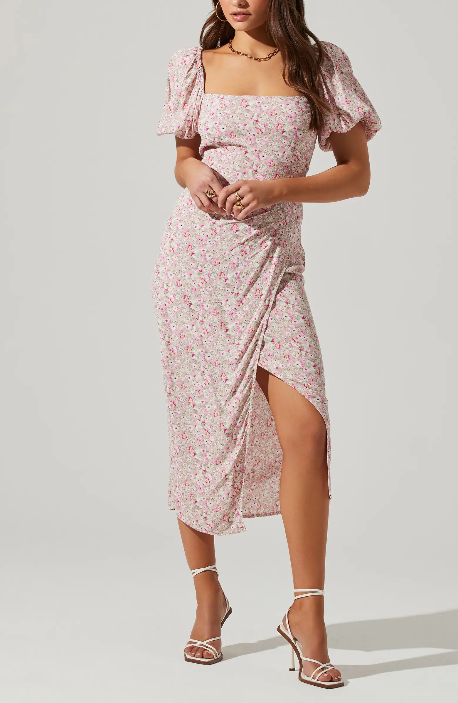 Puff Sleeve Front Slit Midi Dress | Nordstrom