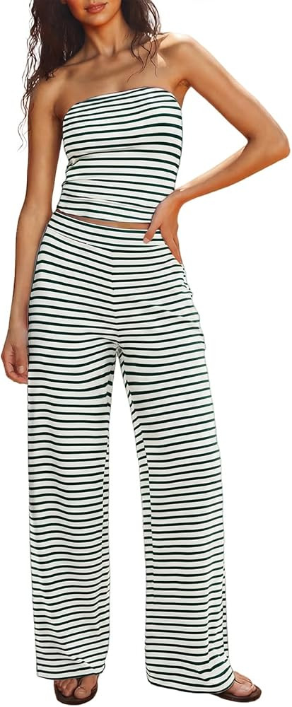UNCOOYEE Two Piece Sets For Women Summer Outfits Lounge Sets Striped Tube Top And Pants Matching ... | Amazon (US)