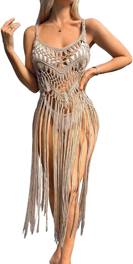 Verdusa Women's Fringe Hem Crochet Sheer Bikini Swimsuit Cover Up Dress | Amazon (US)