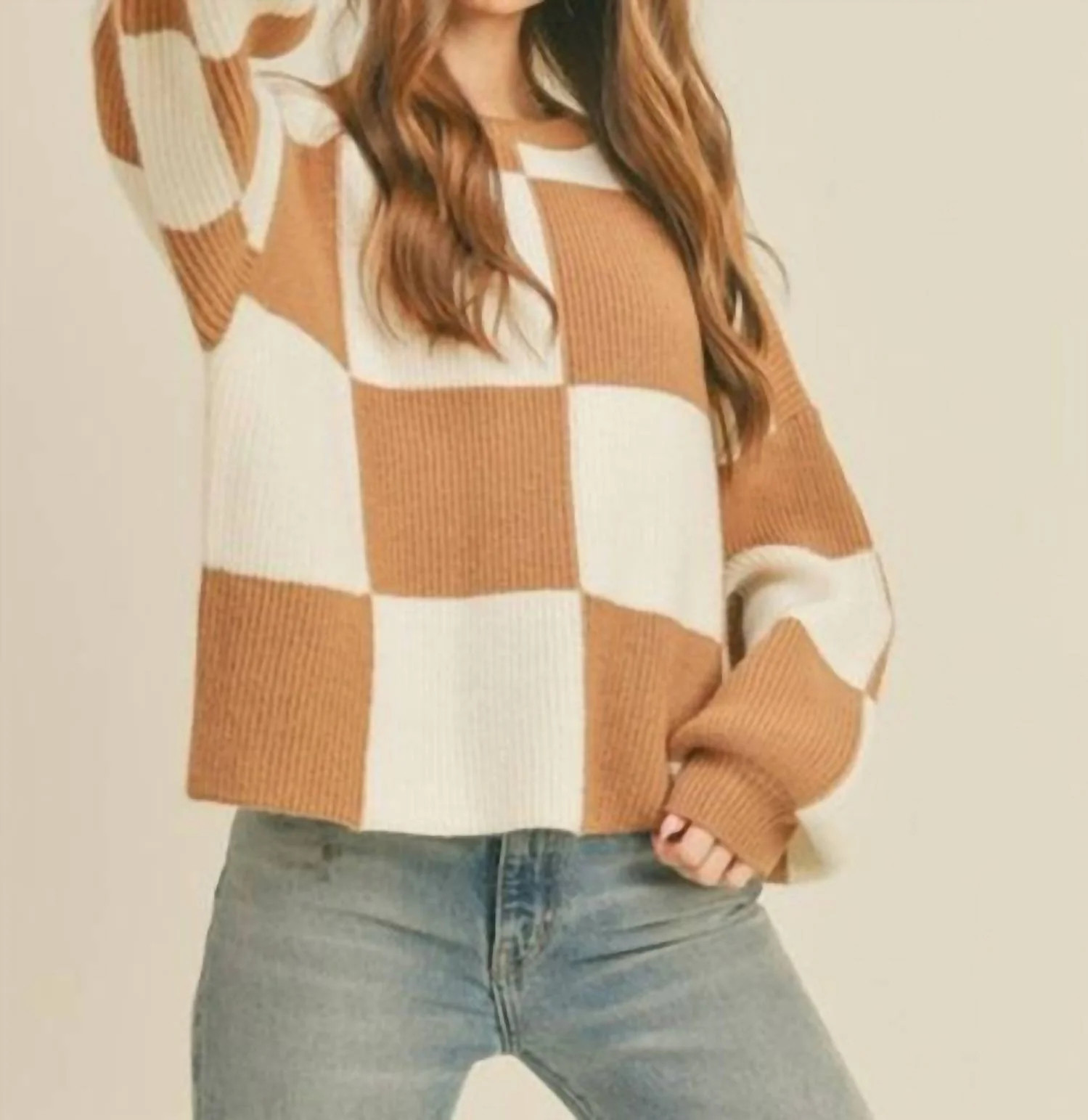 Wood Checker Sweater In Tan | Shop Simon