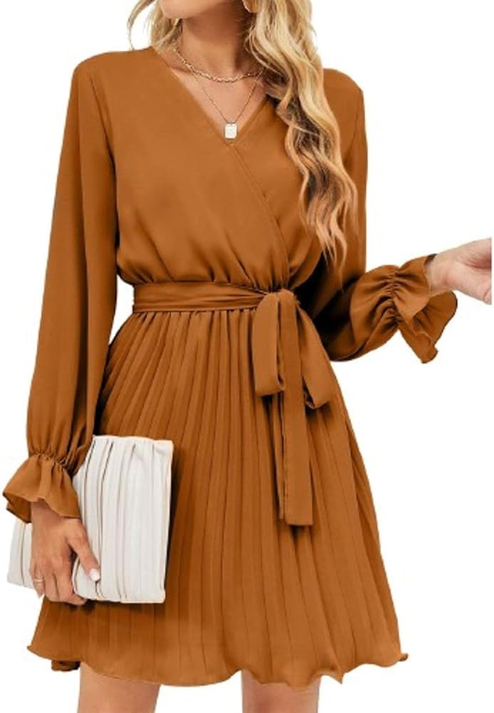 NIYAOSM Women's Casual Fashion Spring Dresses Long Puff Sleeve V Neck Pleated Ruffle Flowy Belted... | Amazon (US)