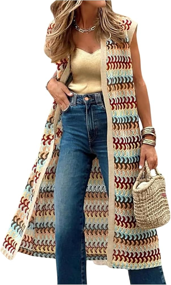 GORGLITTER Women's Boho Long Vest Sleeveless Cardigan Fall Casual Open Front Knit Lightweight Swe... | Amazon (US)