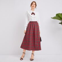 Pearl Beaded Bow Detail Frill Trim Top and Tartan Skirt Set | SHEIN