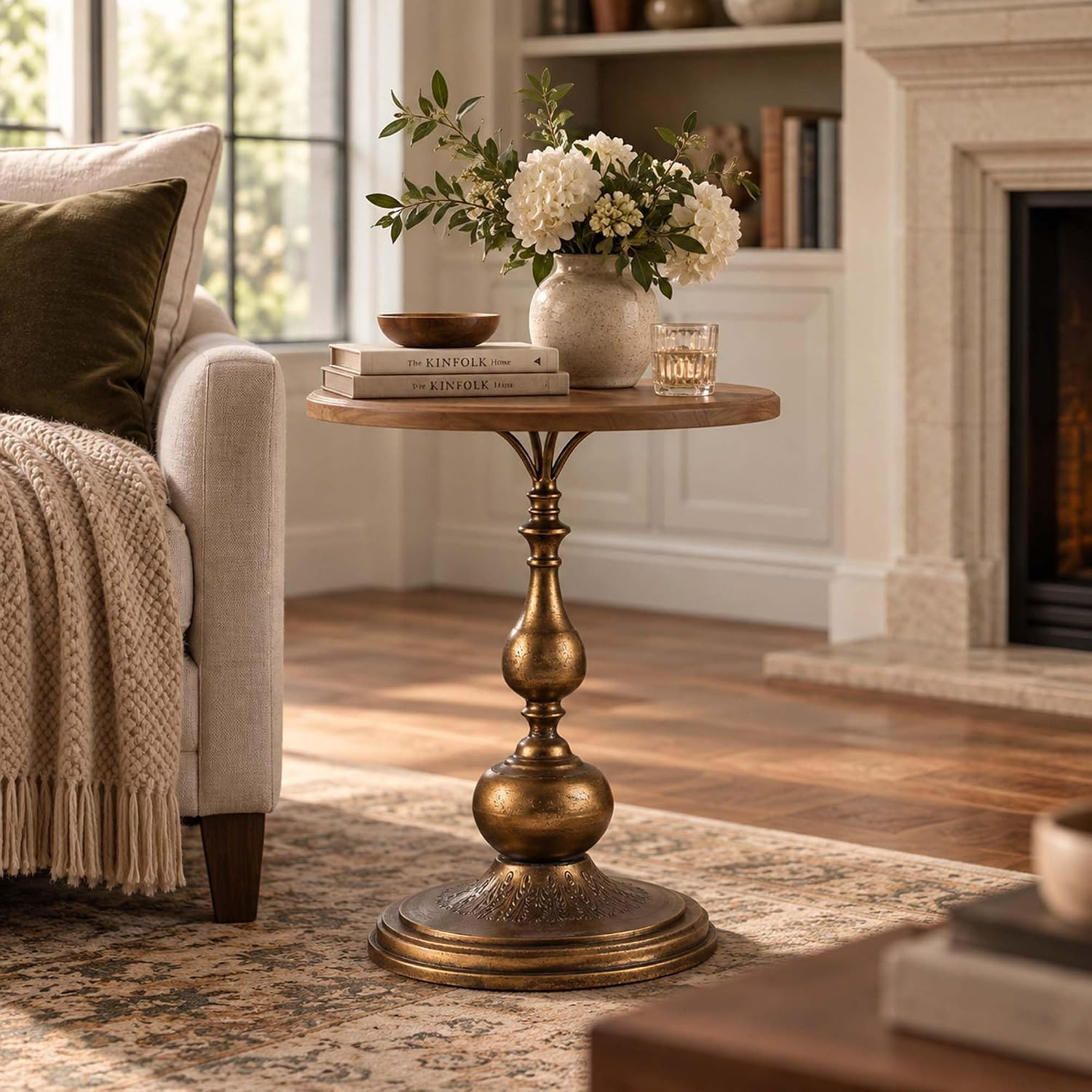 Round Wood End Table, Vintage Antique Brass Pedestal Accent Side Table | Amazon (US)