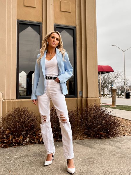 Sunday Whites with a Splash of Blue
Outfit Details...
Blue Blazer @lookbookstore_official @amazon
White Body Contour V Neck @express
White Jeans @express
Vince Camuto White Pumps - old
Follow for more outfit and style Inspo!
blazer, blazer style, amazonfashion, amazon finds, spring style, spring fashion, spring outfit, business casual, fashion, fashion style, fashion addict, fashion inspiration, outfit, outfit inspiration,  ootd, ootd fashion,  ootd inspiration,  fashionover40, fashionover30, chic, chic style

#LTKFind #LTKunder50 #LTKstyletip