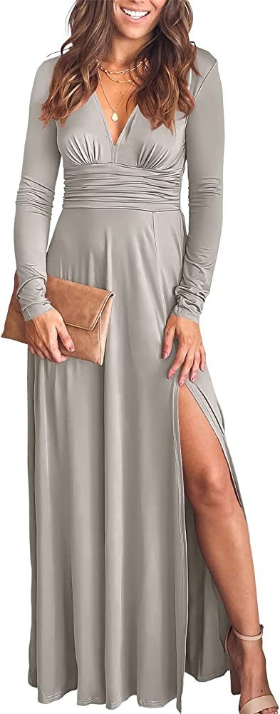 ANRABESS Women's Deep V Neck Short Sleeve Long Dresses Pleated High Waist Slit Club Party Evening... | Amazon (US)