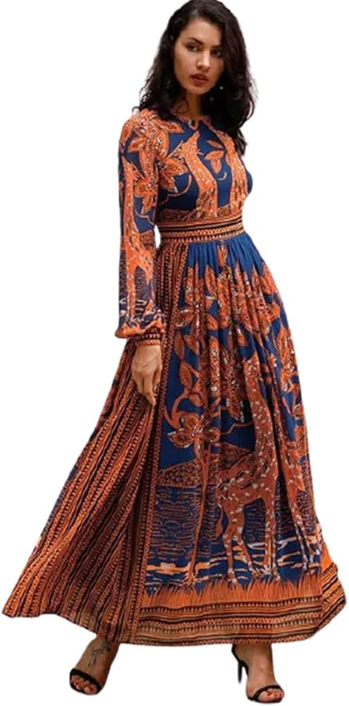 TICOSA Women's Long Sleeve Waist Maxi Dresses Stamp Casual Formal Cocktail Wedding Dresses | Amazon (US)