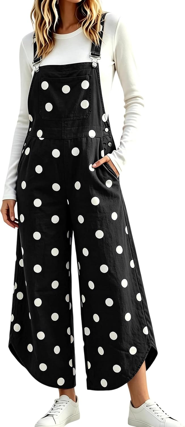 Yeokou Women's Polka Dot Wide Leg Bib Overalls Casual Adjustable Jumpsuit | Amazon (US)
