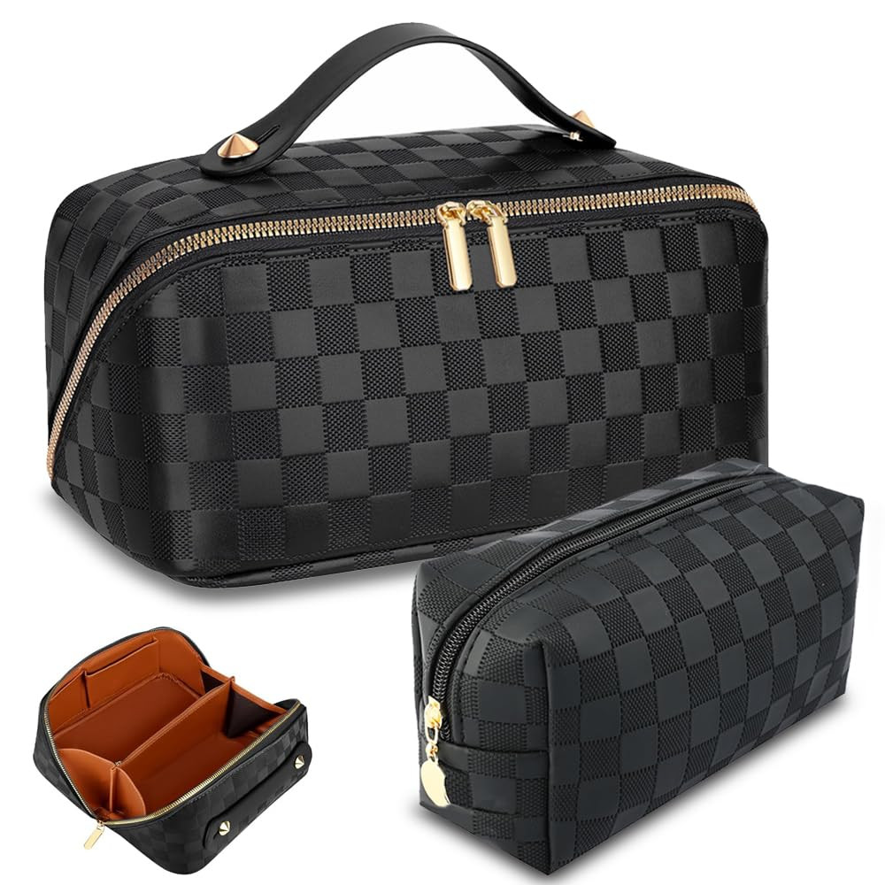 Checkered Travel Makeup Bags Cosmetic Organizer Bag: 2-Set Large Capacity Waterproof Makeup Bag -... | Amazon (US)