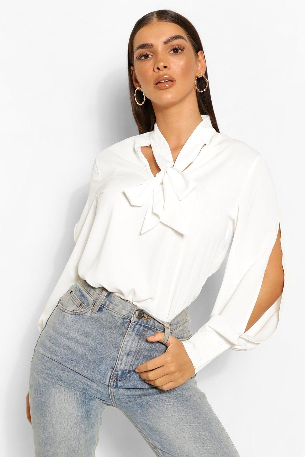 Womens Woven Pussy Bow Split Sleeve Blouse - White - 8 | Boohoo.com (US & CA)