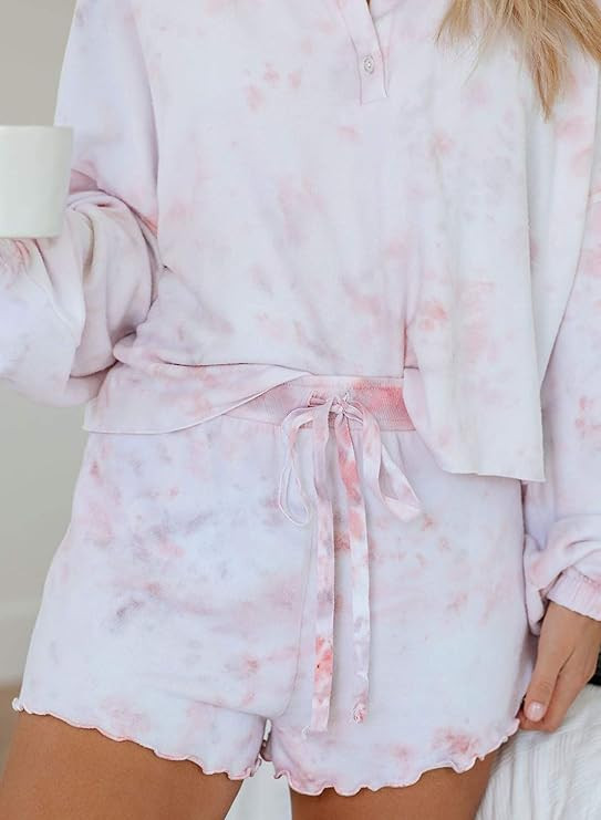 BTFBM Women Pajamas Tie Dye Print Long Sleeve Shirt Elastic Drawstring Shorts Pant PJ Set Sleepwe... | Amazon (US)