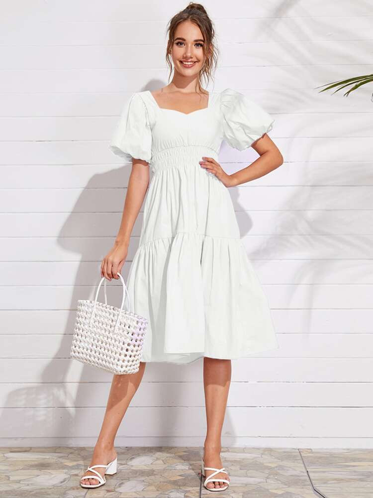 Sweetheart Bishop Sleeve Shirred Ruffle Hem Dress | SHEIN