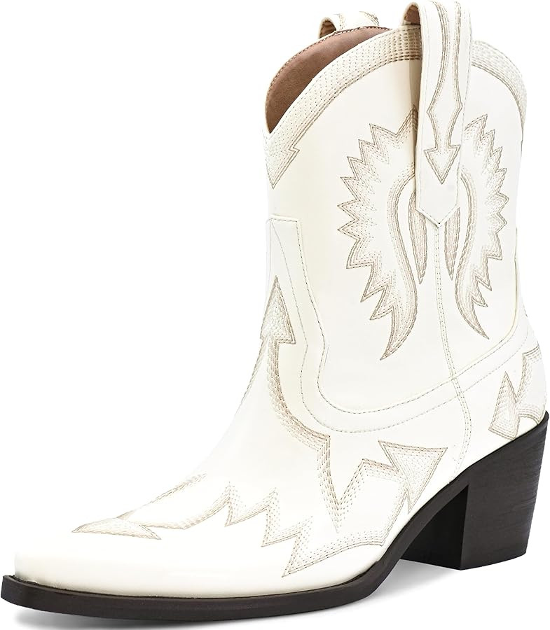 Western Boots for Women Metallic Embroidered Pointed Toe Cowgirl Boots Chunky Heel Pull-On Short ... | Amazon (US)