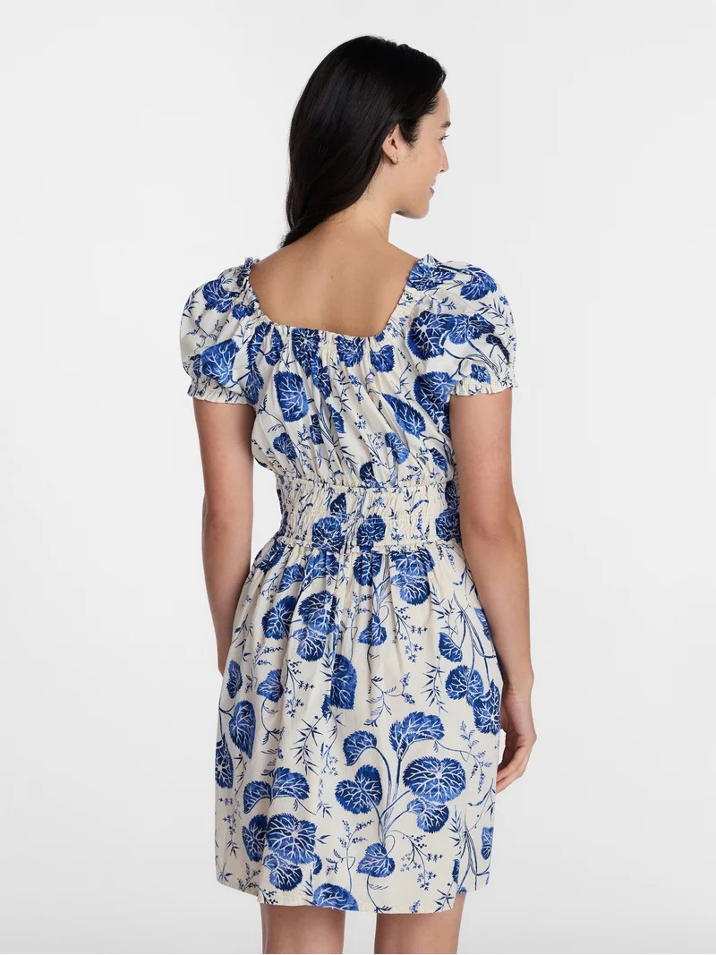 Time and Tru Women's and Women's Plus Cotton Peasant Mini Dress With Puff Sleeves, Sizes XS-4X | Walmart (US)