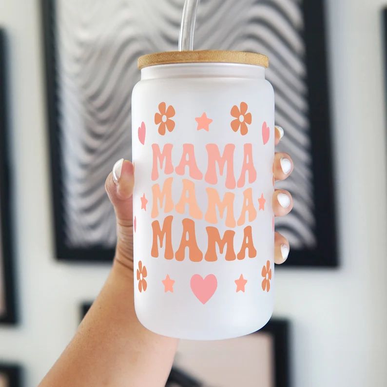 Mama Ice Coffee Cup With Lid and Straw, 16oz Custom Glass Mom Coffee Gift, Custom Gift for Mom, M... | Etsy (US)