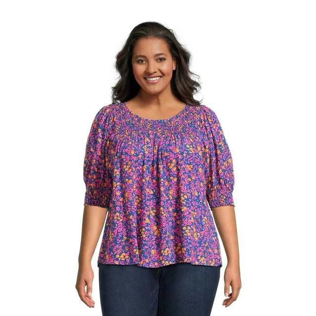 Terra & Sky Women’s Plus Size Smocked Blouse with Keyhole Back, Sizes 0X-4X | Walmart (US)