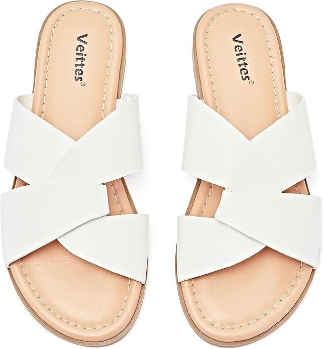 Veittes Women's Flat Slide Sandals - Comfort Casual Criss Cross Flat Summer Shoes. | Amazon (US)