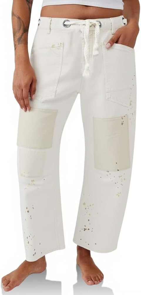 PLNOTME Womens Baggy Barrel Horseshoe Jeans Wide Leg Patchwork Low Rise Denim Pants with Pockets | Amazon (US)